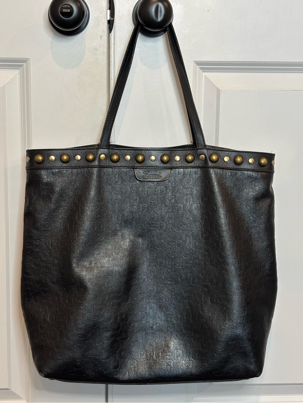 Gucci Babouska Black Bit Embossed Leather Studded Large Tote Bag